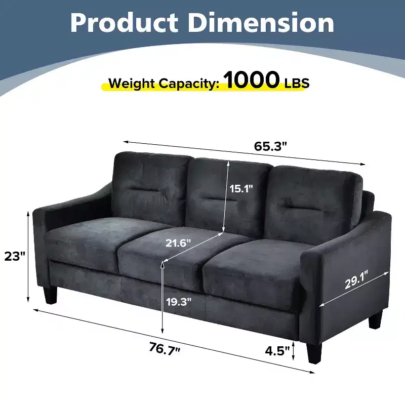 PexFix 3 Seat Sectional Sofa with U-Shaped Spring Links and Solid Wood Frame Mid Century Velvet Upholstered Couch for Living Room Bedroom Office Black