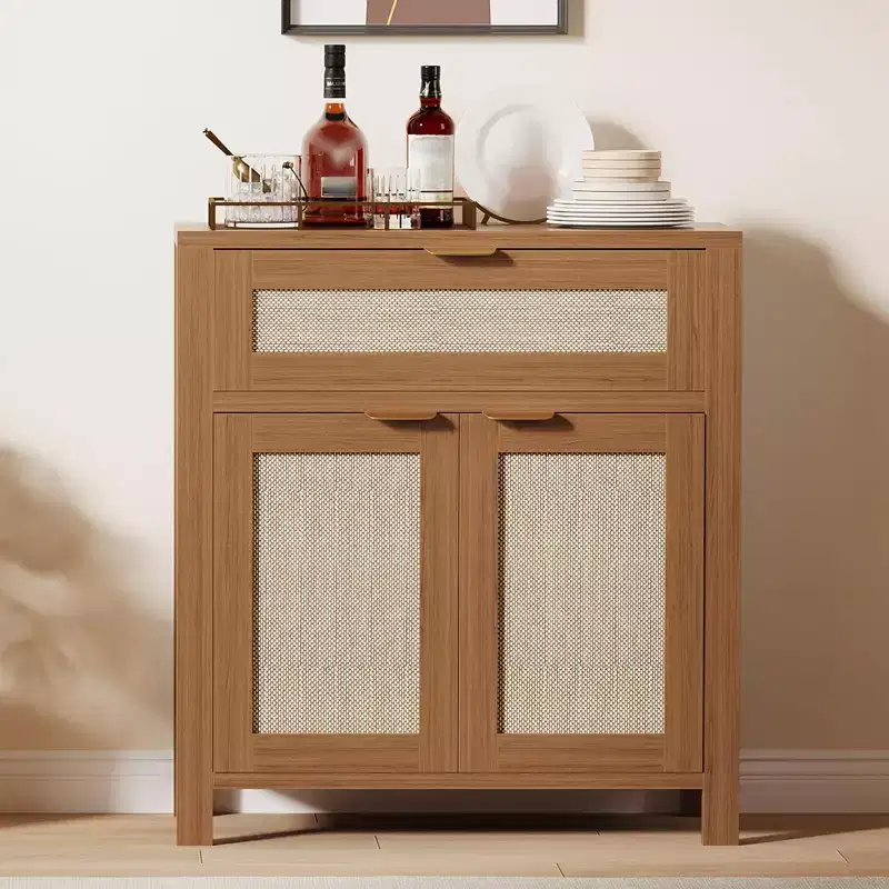 Rattan Entryway Sideboard  Adjustable Shelves & Drawer Buffet Cabinet for Kitchen/Dining/Living Room (Sturdy Wood Construction)