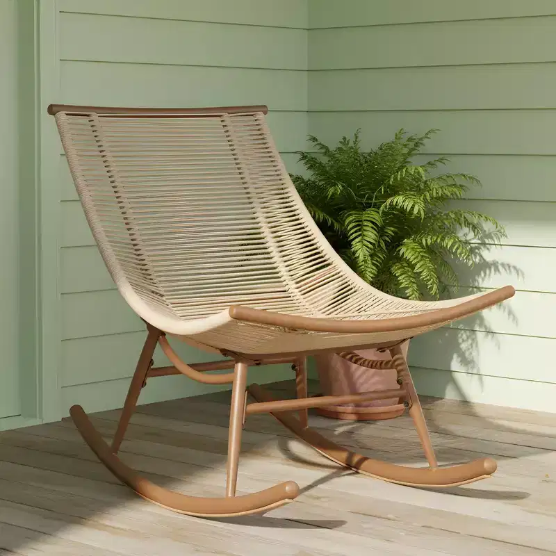 ModernLuxe Outdoor Rocking Chair, Weather-Resistant PE Rattan Patio Rocker with Sturdy Metal Frame, Ergonomic Curved Lounge Chair, Beige