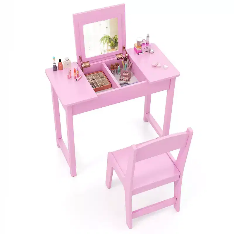 Kids Vanity Table & Chair Set 2-in-1 Princess Makeup Dressing Desk Set