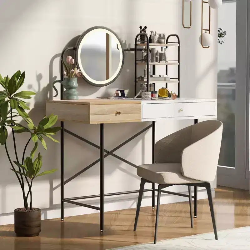 Okak Wall-Mounted Vanity Shelf with Drawer, Space-Saving Floating Makeup Desk for Bathroom/Bedroom, Easy Install with Hidden Brackets