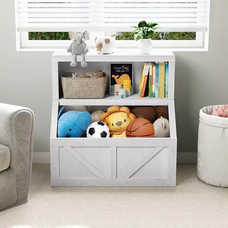 Kids Bookshelf and Toy Storage, 2-Tier Organizer with Lower Cabinet, Toddler Bookcase for Bedroom, Playroom, Classroom, Vintage White