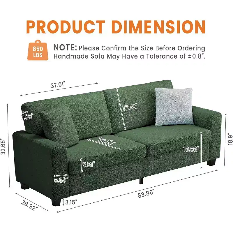 Seater Sofa, Deep Seat Couch with Wide Armrest, Removable Washable Cushions, Cozy Boucl for Living Room, Green