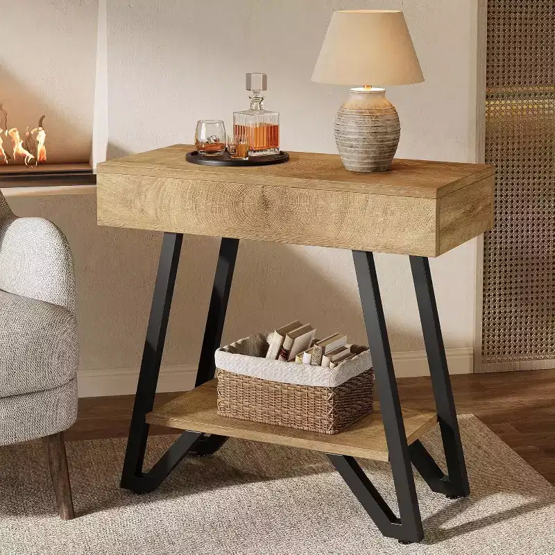 Lantine End Side Table: Narrow design with storage shelves, suitable for living room, bedroom, small spaces; natural finish.