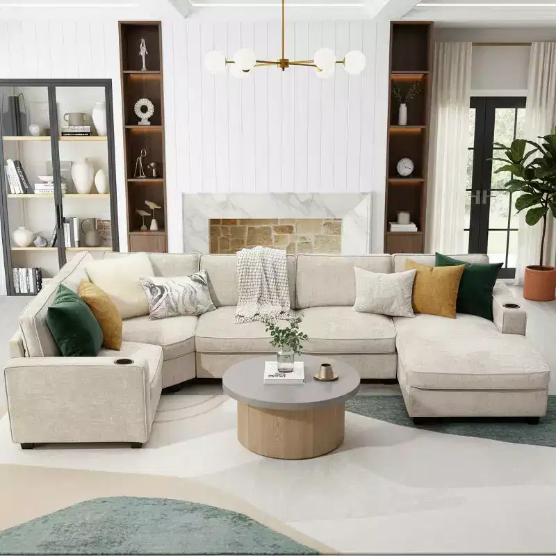 Polibi 6-Seat U-Shaped Chenille Sectional Sofa with Oversized Chaise