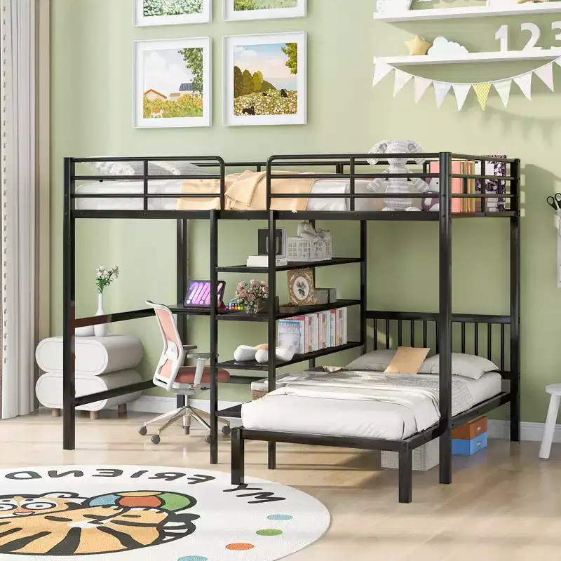 Full over Twin Metal Bunk Bed, L Shaped Loft Bed Frame with Built-in Desk and Shelves