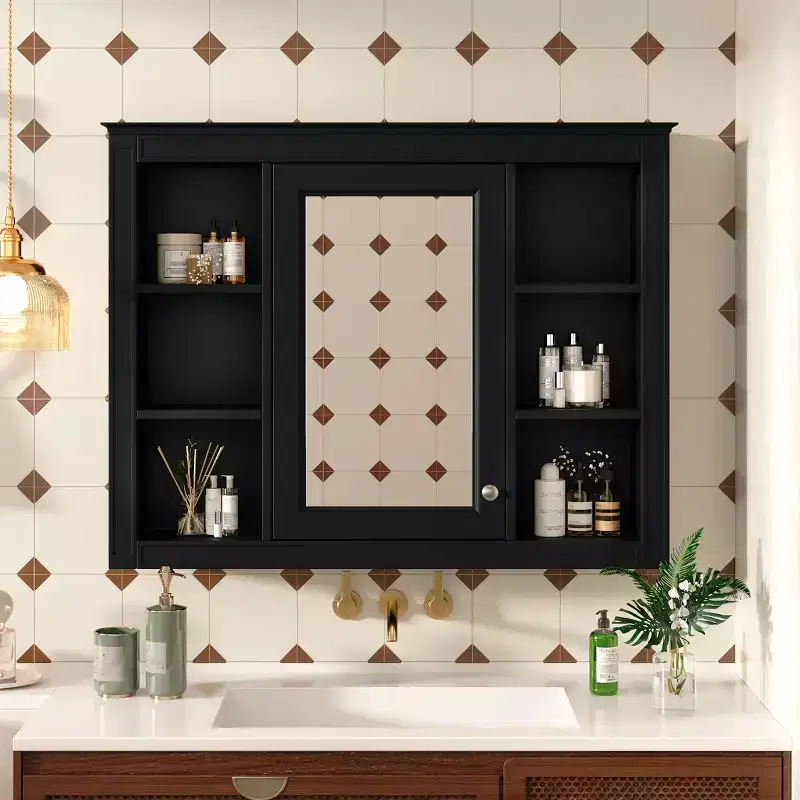 Modern Wall Mounted Bathroom Cabinet with Mirror & 6 Open Shelves,Medicine Cabinet Mirror Cabinet for Bathroom