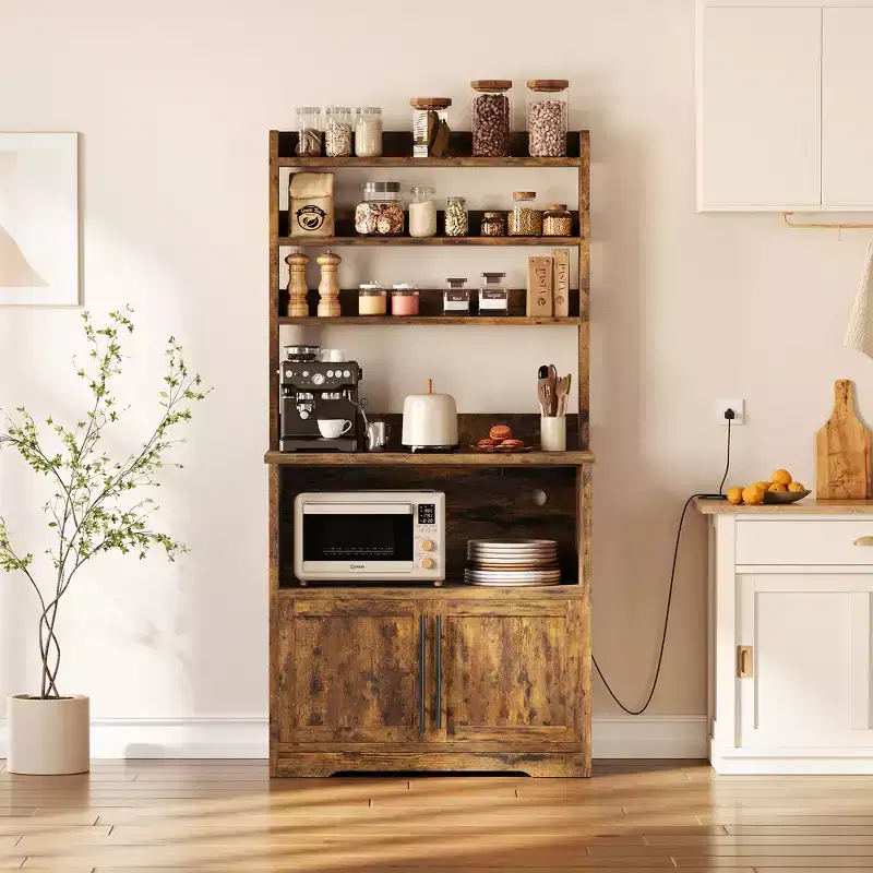 Farmhouse Microwave Stand with Power Outlet & USB Ports, Thickened Countertop, Kitchen Appliance Organizer for Living Room, Dining Area