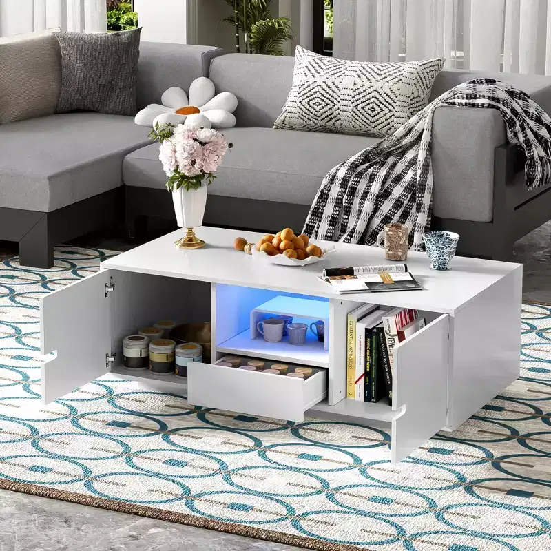 Bestier Modern High Glossy Rectangle Coffee Table, Stylish Center Table with Storage Space, Accent Furniture with 16 Color LED Lights for Living Room