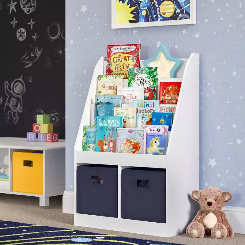 RiverRidge Kids' Bookshelf and Toy Storage Organizer with 4 Bookracks and 2 Cubbies White with 2 Fabric Bins