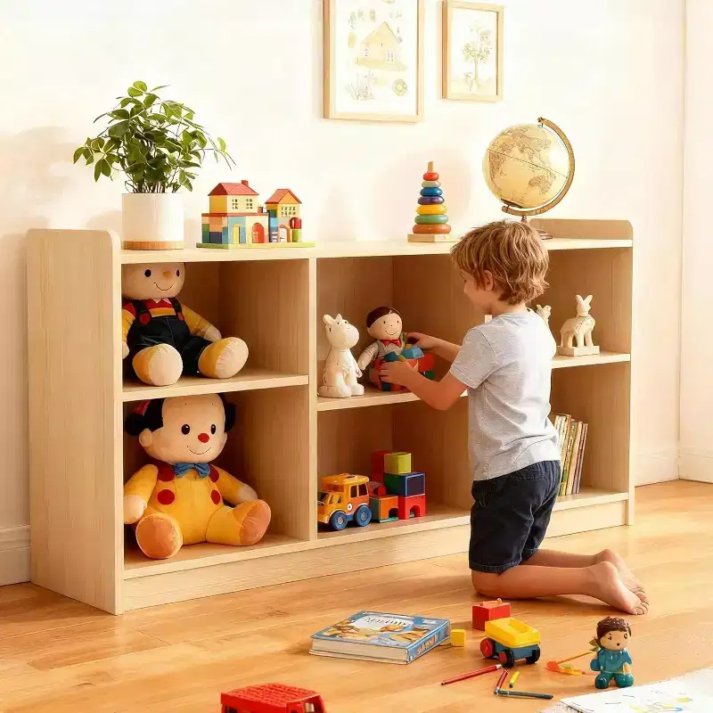 6 Compartment Toy & Book Organizer with Adjustable Dividers, Natural Finish Kids' Bookcase for Playrooms & Classrooms
