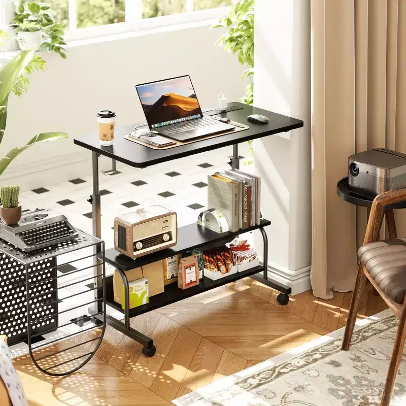 Besiost 32 Manual Standing Desk with Storage Shelves, Computder Desk with Charging Station