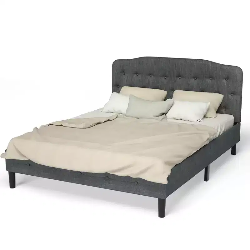 Queen Upholstered Headboard Adjustable Button Tufted Faux Linen Light Grey