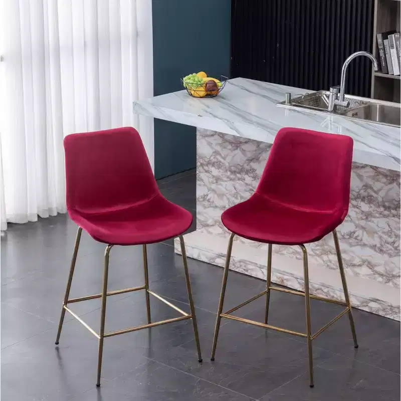 Roundhill Furniture Aufurr Modern Velvet 26.50 Counter Height Stool, Red, Set of 2
