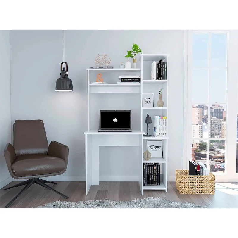 Writing Desk with 6-Shelf Bookcase, Laptop Table, Built-in Cabinet