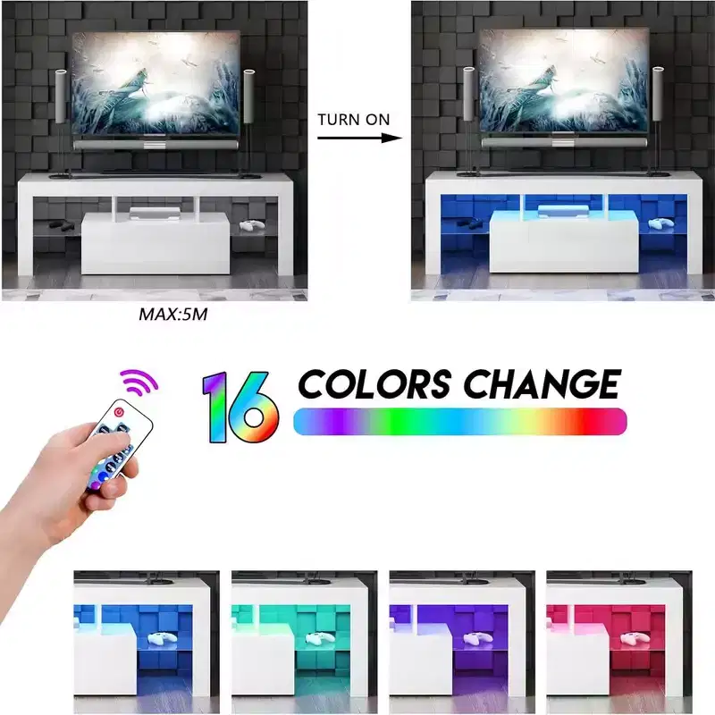 55-Inch LED TV Stand with Open Shelves & Flip Door, Modern Glass Shelf Media Console for Living Room Bedroom