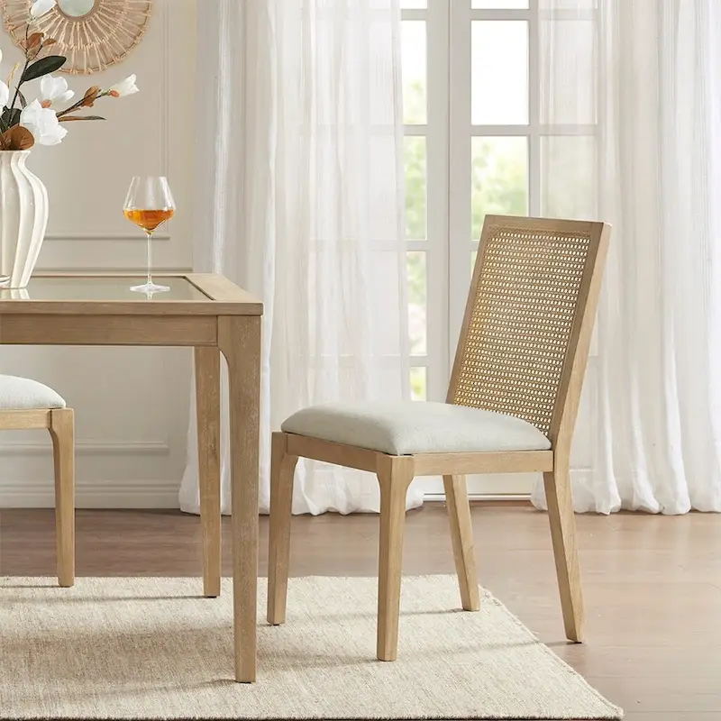 Rattan Hollow Backrest Upholstered Dining Chair Side Chair Set of 2