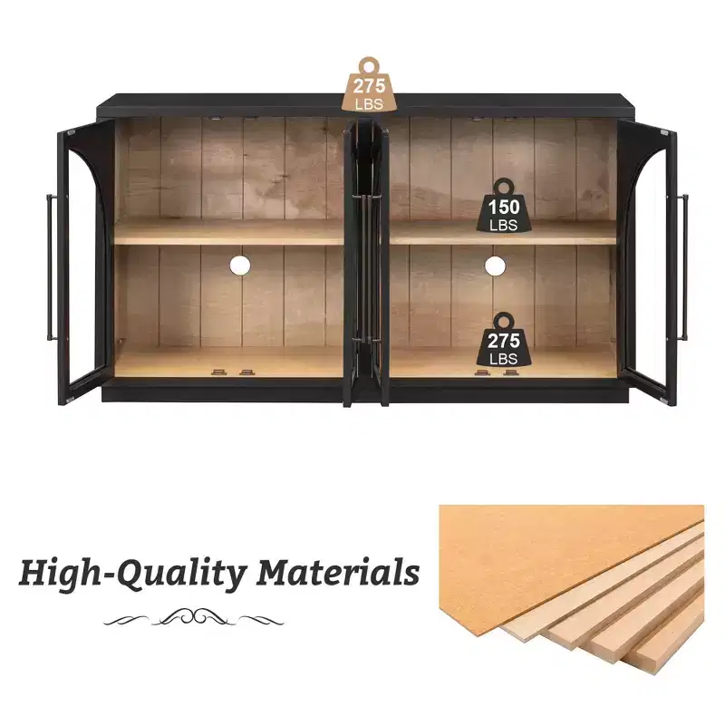 4 Door Buffet Sideboard Cabinet with Glass Doors and Adjustable Shelves Arched Storage Cabinet for Kitchen Dining or Living Room