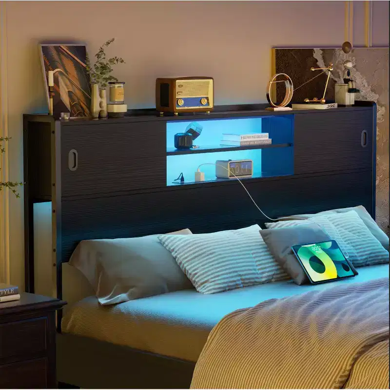 Besiost Storage Headboard with Sliding Doors and Charging Station