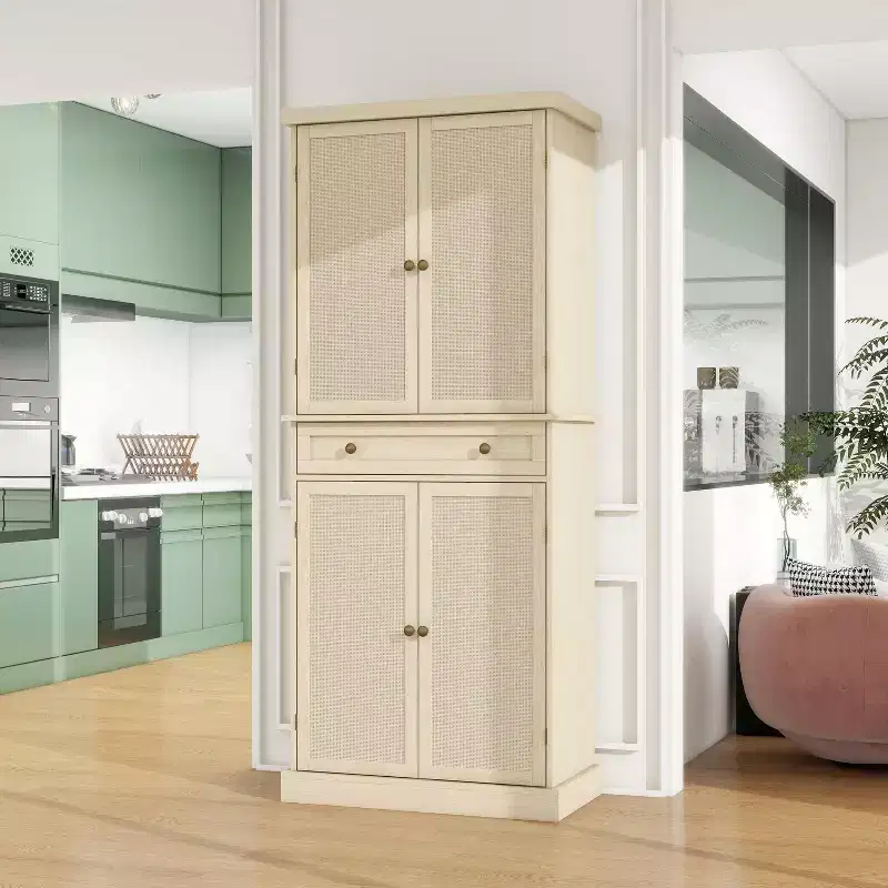 Okak Kitchen Pantry Cabinet, Tall Cabinet with 4 Adjustable Inner Shelves & 4 Doors, Versatile Cupboard for Living Room Dining Room