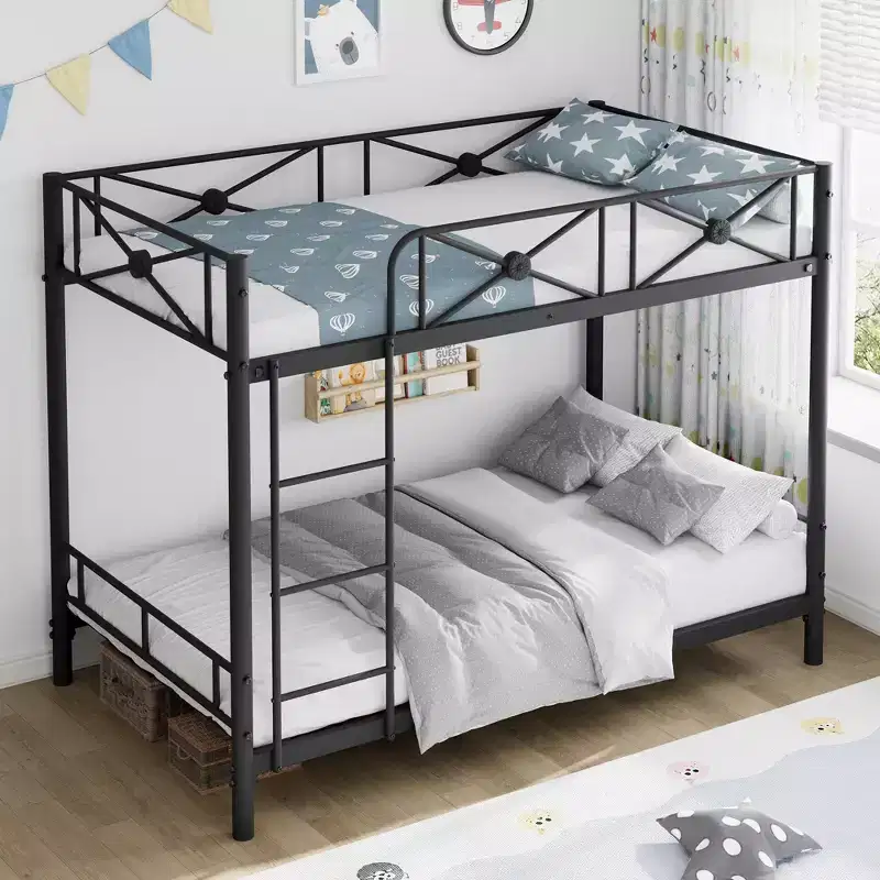 Metal Bunk Bed with Floral Design, Twin Over Twin Bunkbed with Safety Guardrail & Quiet Stability, Space-Saver for Kids Rooms