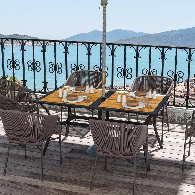Rectangular Patio Table with Umbrella Hole, Faux Wood Rectangle Outdoor Dining Table for 6 People for Garden