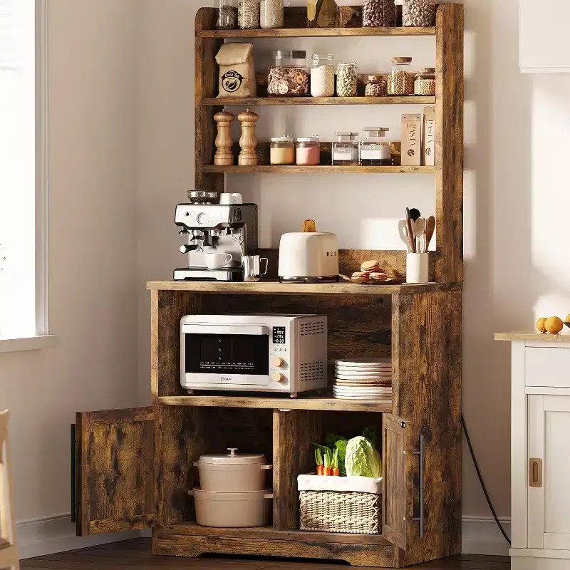 Farmhouse Bakers Rack, Microwave Stand with Cabinet, Kitchen Hutch Pantry Cabinet, Kitchen Coffee Bar Cabinet for Spices, Dishes, and Pots