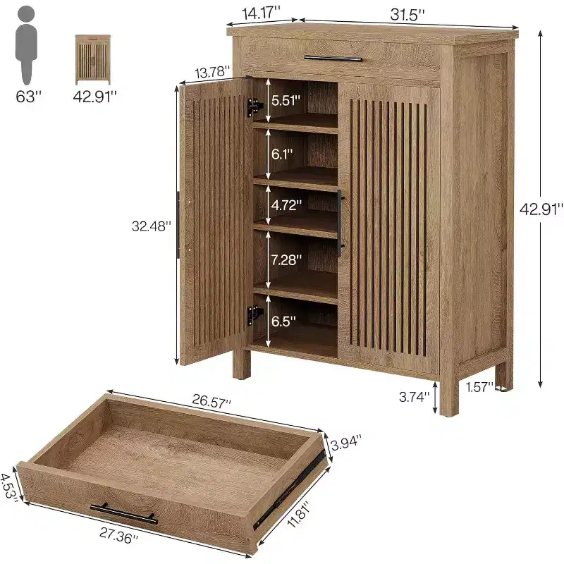 5-Tier Shoe Storage Cabinet with Louvered Doors and Drawer, Shoe Rack Organizer with Adjustable Shelves for Entryway, Hallway, Closet, Natural