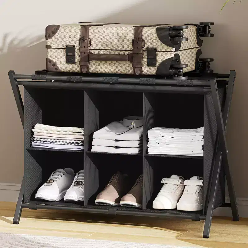 Narwey Luggage Rack for Guest Room, Folding Suitcase Stand with 6-Cube Fabric Storage Shelf, Luggage Holder, Steel Foldable Luggage Stand