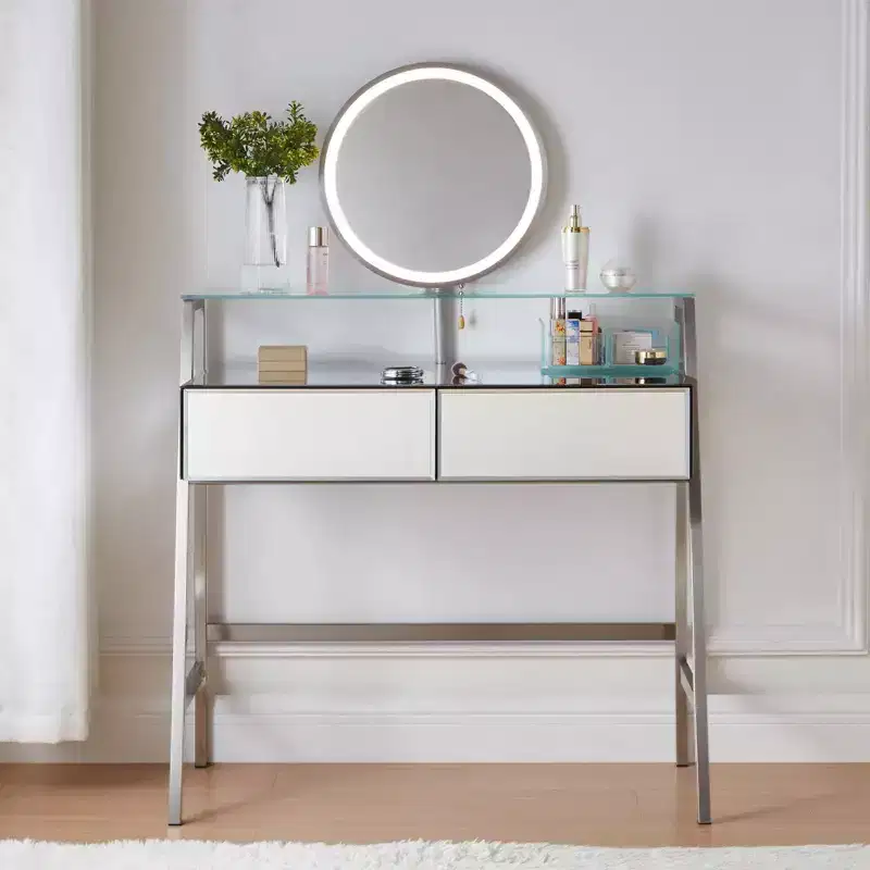 33.9 Vanity Desk with Lighted Mirror, Makeup Table Desk with Drawers, Transparent Storage Shelf and Charging Station, Vanity Makeup Table