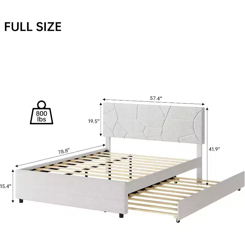 Acekool Upholstered Trundle Bed - Twin/Full Platform Frame with Pull-Out & Headboard