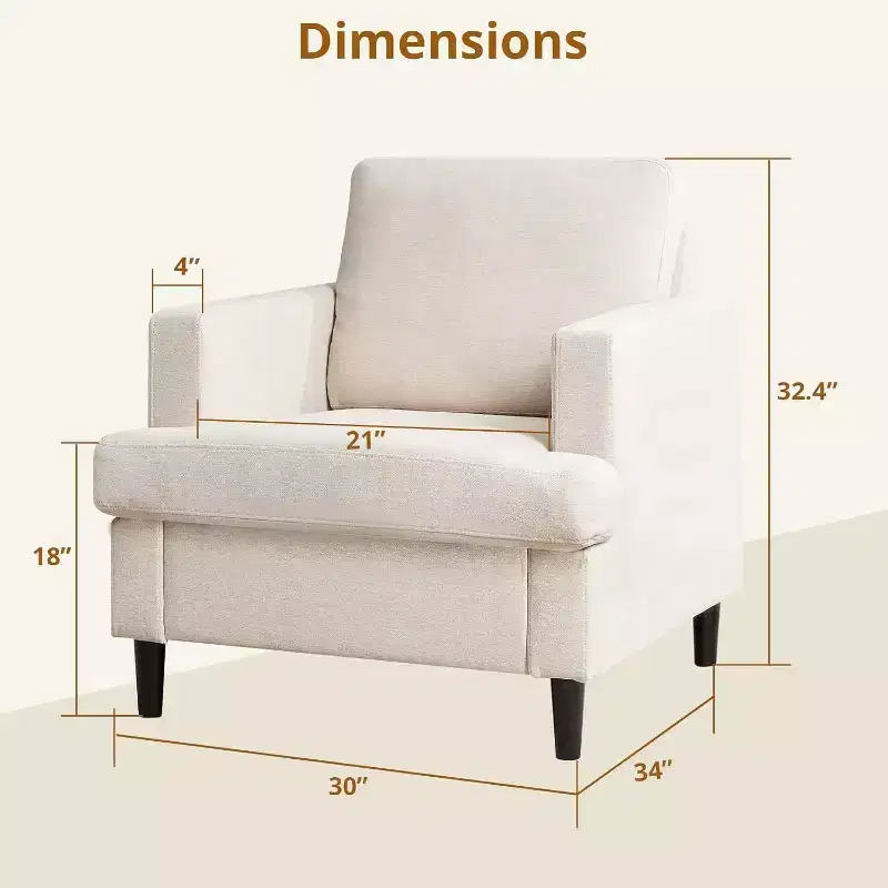Mid-Century Modern Linen Fabric Armchair Comfy Upholstered Sofa with Thick Cushion & Leg, Deep Seat & No Assembly Required, for Living Room, Bedroom