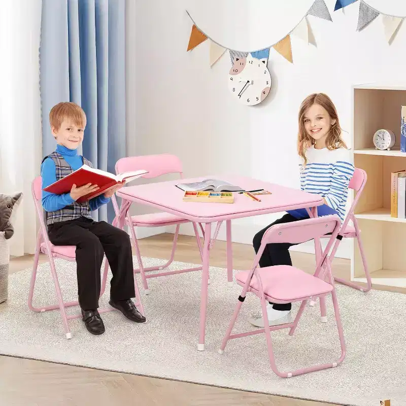 Acekool Metal Folding Card Table and 4 Chair Set, Pink Padded Folding Chairs with Cushion and Steel Frame, Square Foldable Table for Dining Room