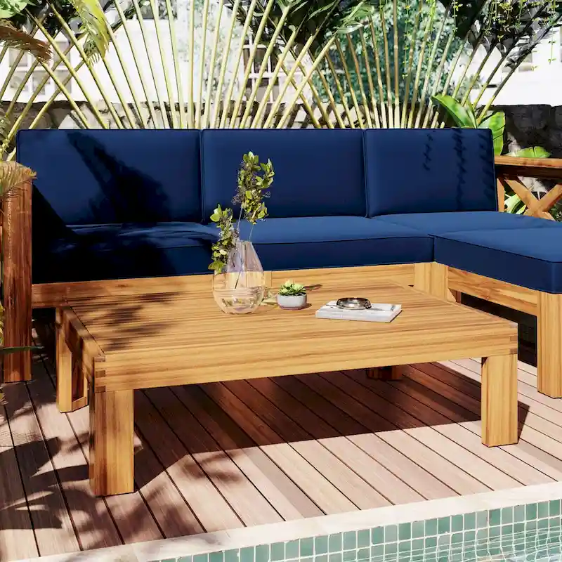 Natural Natural Acacia Wood 5-Piece Outdoor Sectional Sofa Set with Water-resistant Fabric