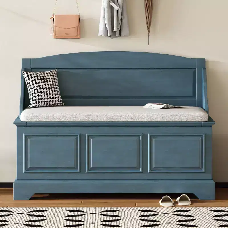 GDFStudio Ruth Mid-Century Modern Style Entryway Shoe Storage Bench with Hidden Storage and Linen Cushion