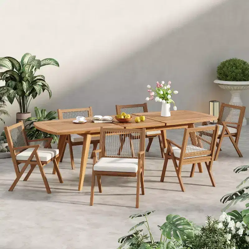 Christopher Knight Home Reynard 7 Piece Expandable Outdoor Dining Set with Acacia Wood Table and Rope Back Chairs