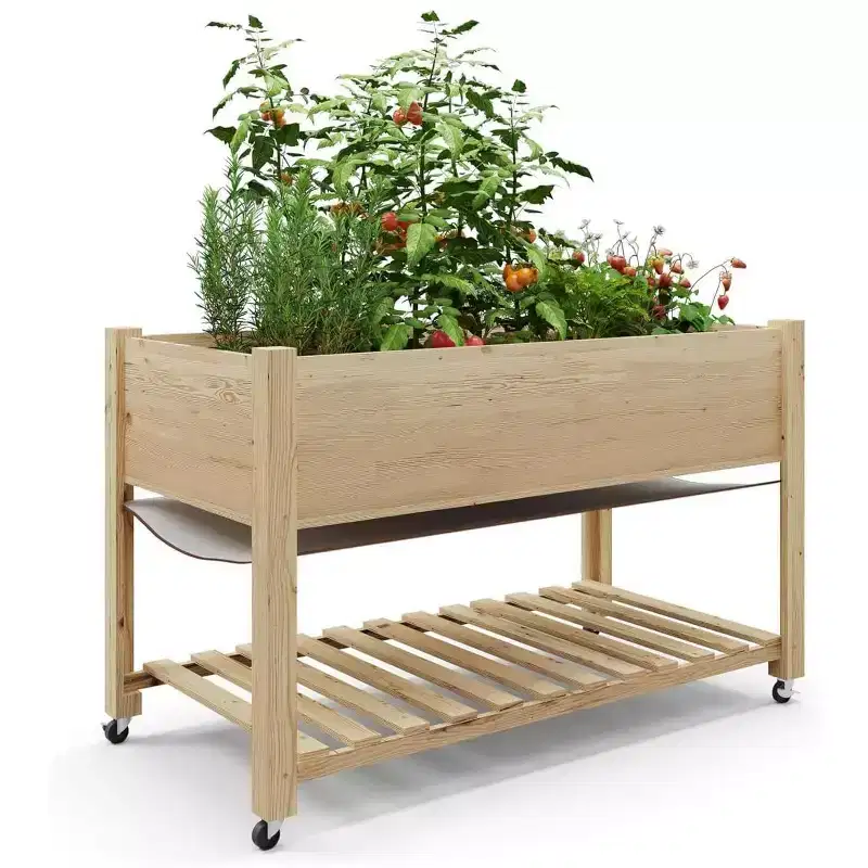 Raised Garden Bed, 48x24x32 Inch Wooden Planter Box with Locking Wheels - Indoor/Outdoor Herb Veggie Flower Planter