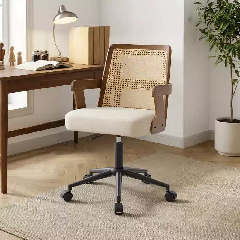 Bekrvio Mid-Century Home Office Chair, Walnut Bentwood Arm Chair with Cane Back, Adjustable Swivel Desk Chair
