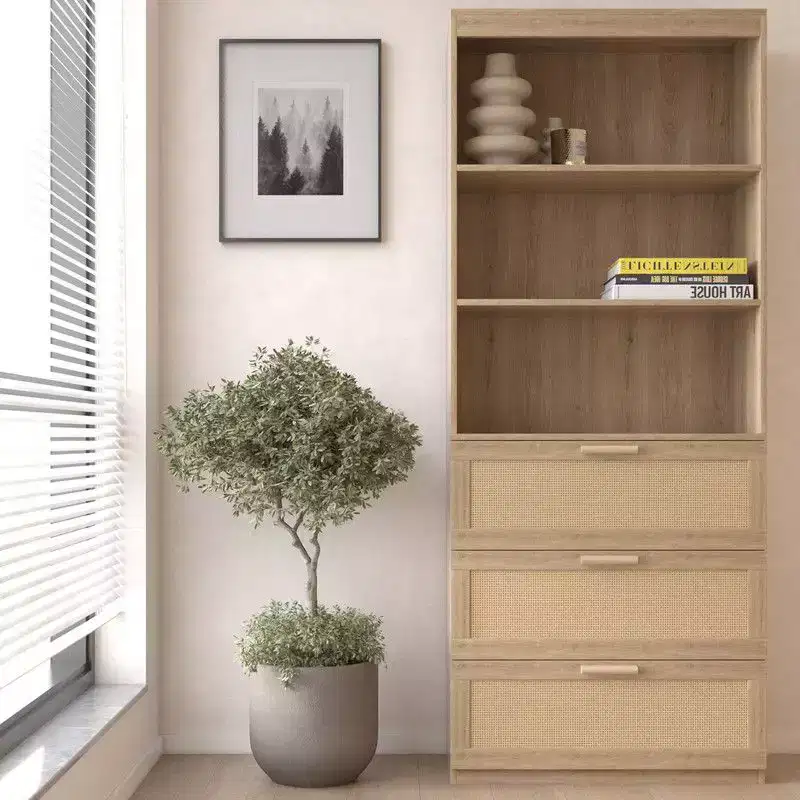 Karl Home Tall Storage Cabinet, Rattan Bookcase with 3 Drawers