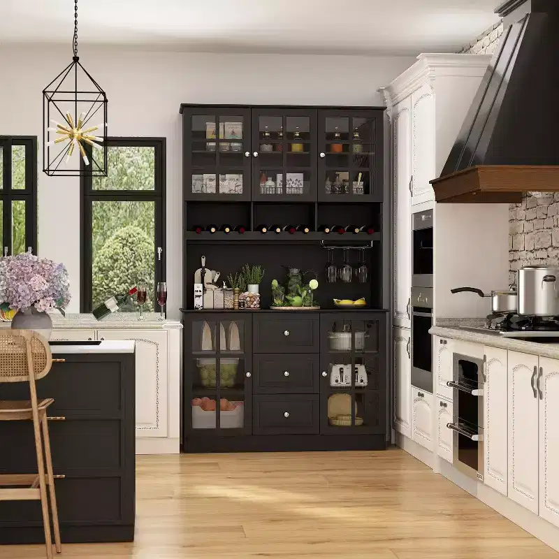 Hitow Wooden Pantry Cabinet with 3 Drawers, 13 Shelves and Cup and Bottle Holders Food Storage Cabinet