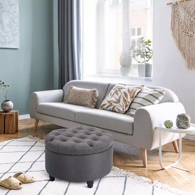 Round Linen-touch Fabric Storage Footstool Ottoman Button Tufted Footrest with Removable Lid