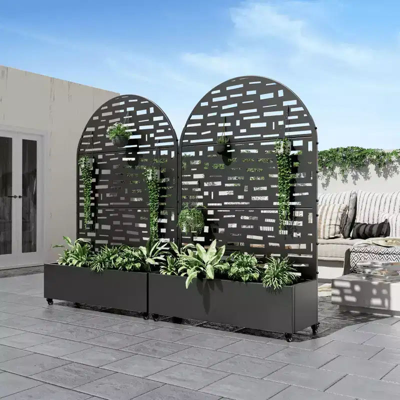 Planter Box with Trellis, Iron Black Arch Wide Edge, 72x47x16