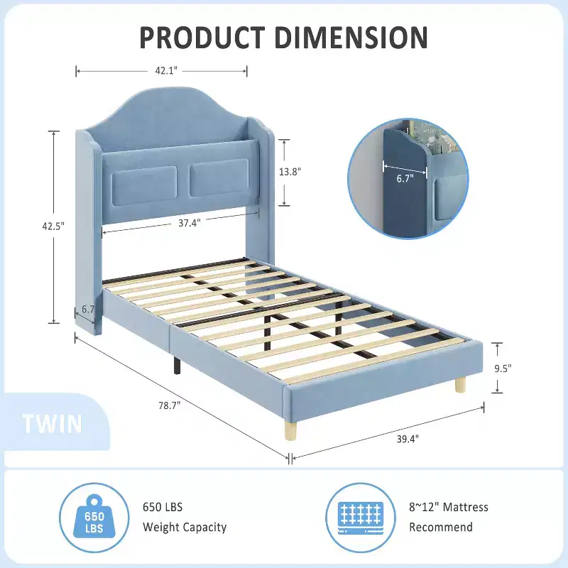 COZONY Twin Kids Bed Frame, Upholstered Velvet Princess Platform Bed with Wingback, Storage Bookcase Headboard & LED Light, No Box Spring Needed