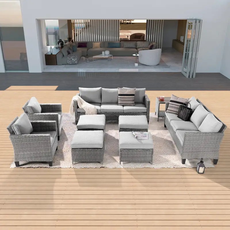 BONOSUKI 9Pcs Patio Sofa Conversation Set Grey Rattan With Side Table