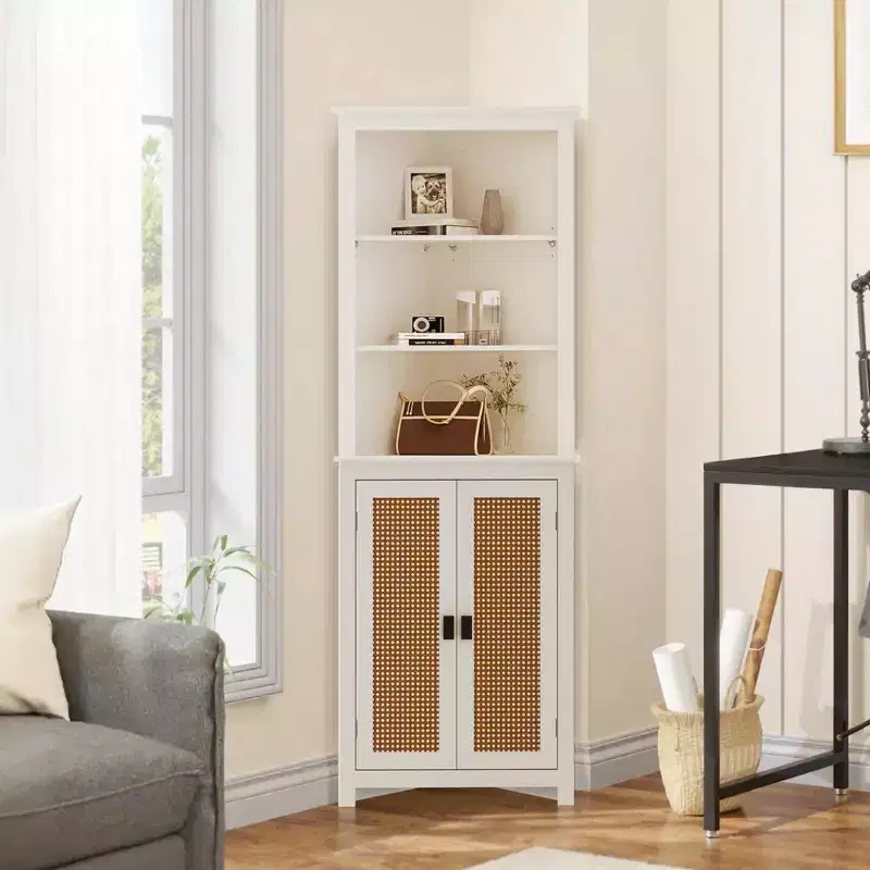 Corner Hutch Cabinet in White  Tall Space-Saving Storage Unit with 2 Barn Door Design & Adjustable Shelves  Ideal for Kitchen Organization