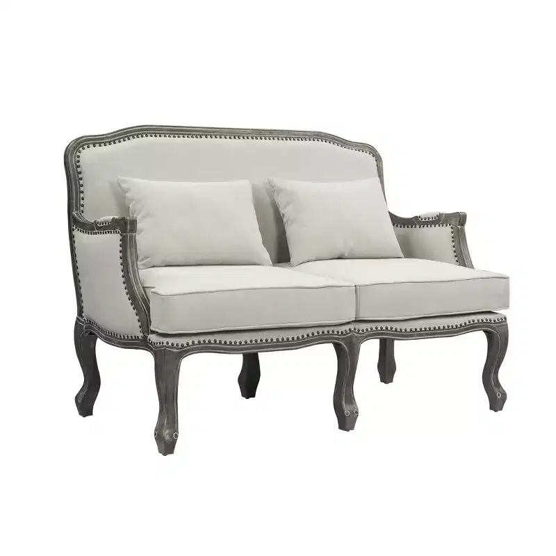 56" Tania Sofas Cream Linen and Brown Finish - Acme Furniture: French Cabriole, Nailhead Trim, No Assembly Required