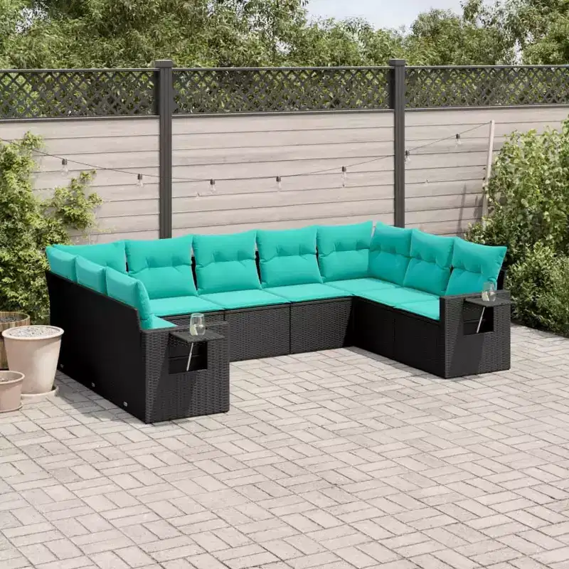vidaXL 9 Piece Patio Sofa Set with Cushions Black Poly Rattan