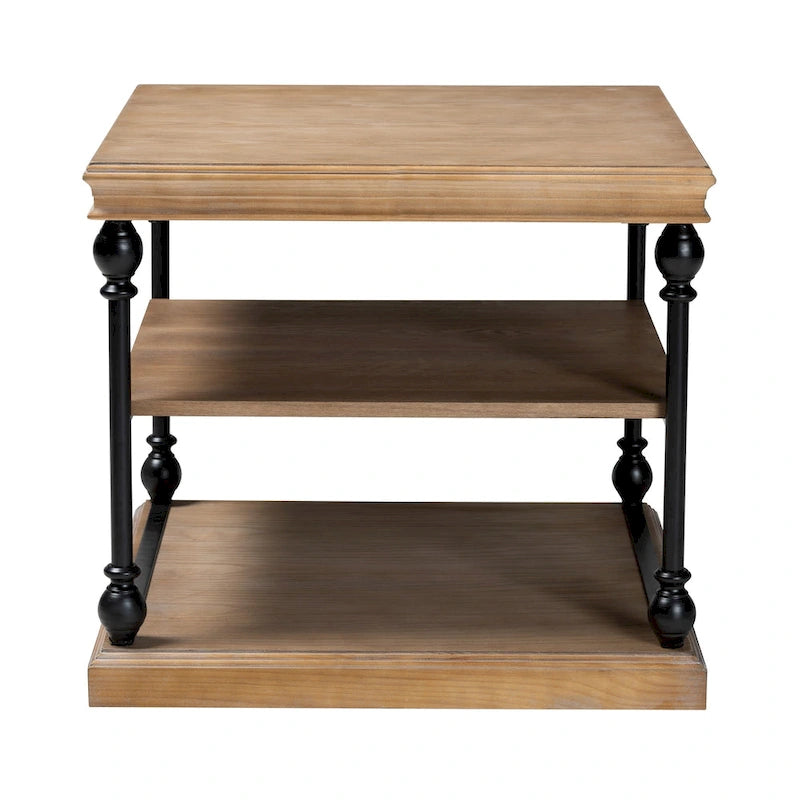 Traditional Industrial Wood and Black Metal 3-Tier End Table