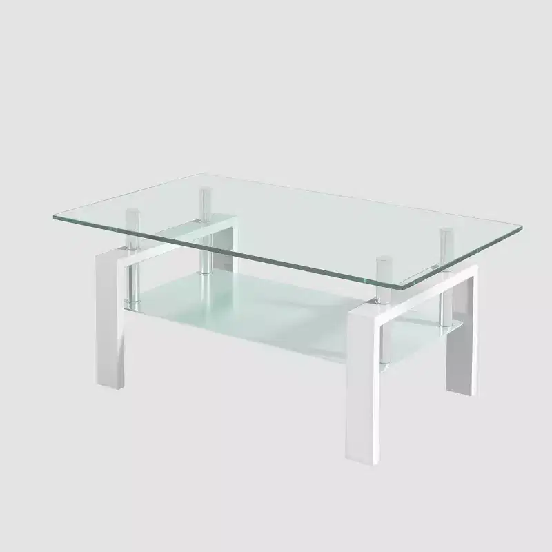 Tempered Clear Glass Coffee Table, 2-Layers Living Room Center Table
