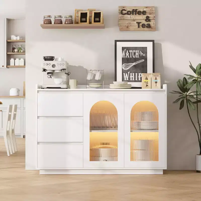 48 inch Buffet Cabinet, Modern Storage Cabinet with 3 Drawers, Illuminated Sideboard with Glass Doors, Coffee Bar for Kitchen, Dining